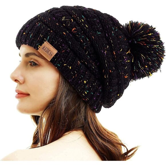 〽️Women Confetti Black Winter Pom Pom Beanie Hat with Warm Fleece Lined XL main image 5